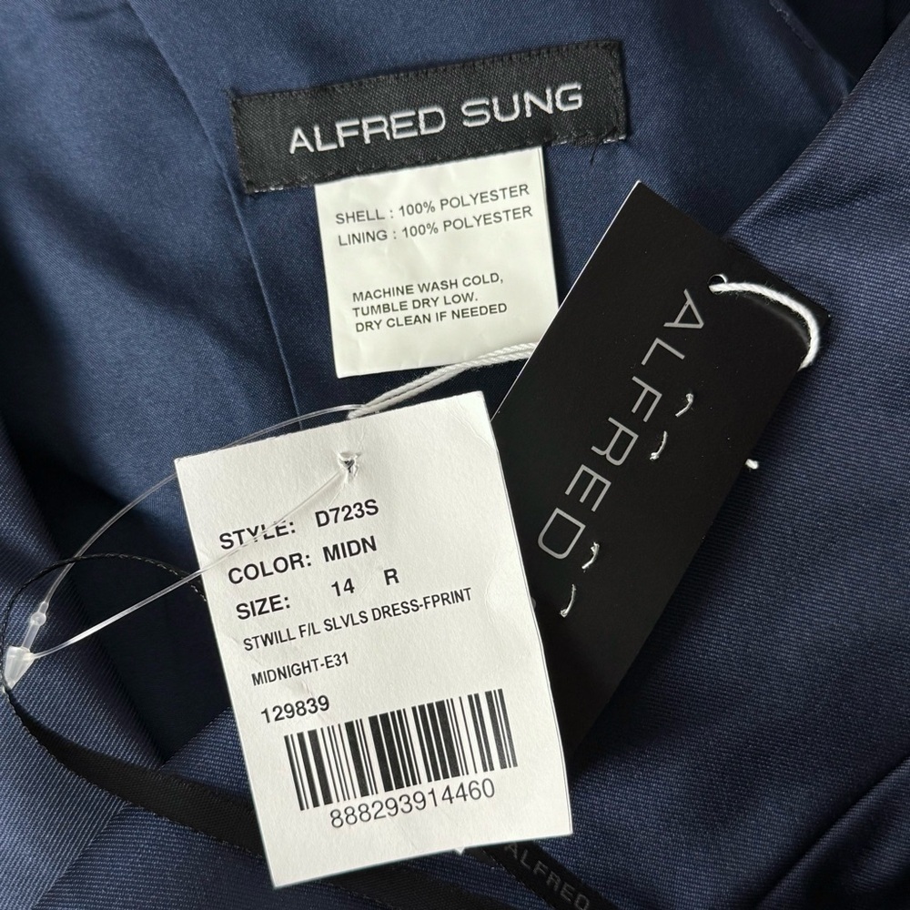 NWT ALFRED SUNG Navy Satin Twill Sleeveless V-Neck Pleated High Low Gown 14 - Picture 3 of 3